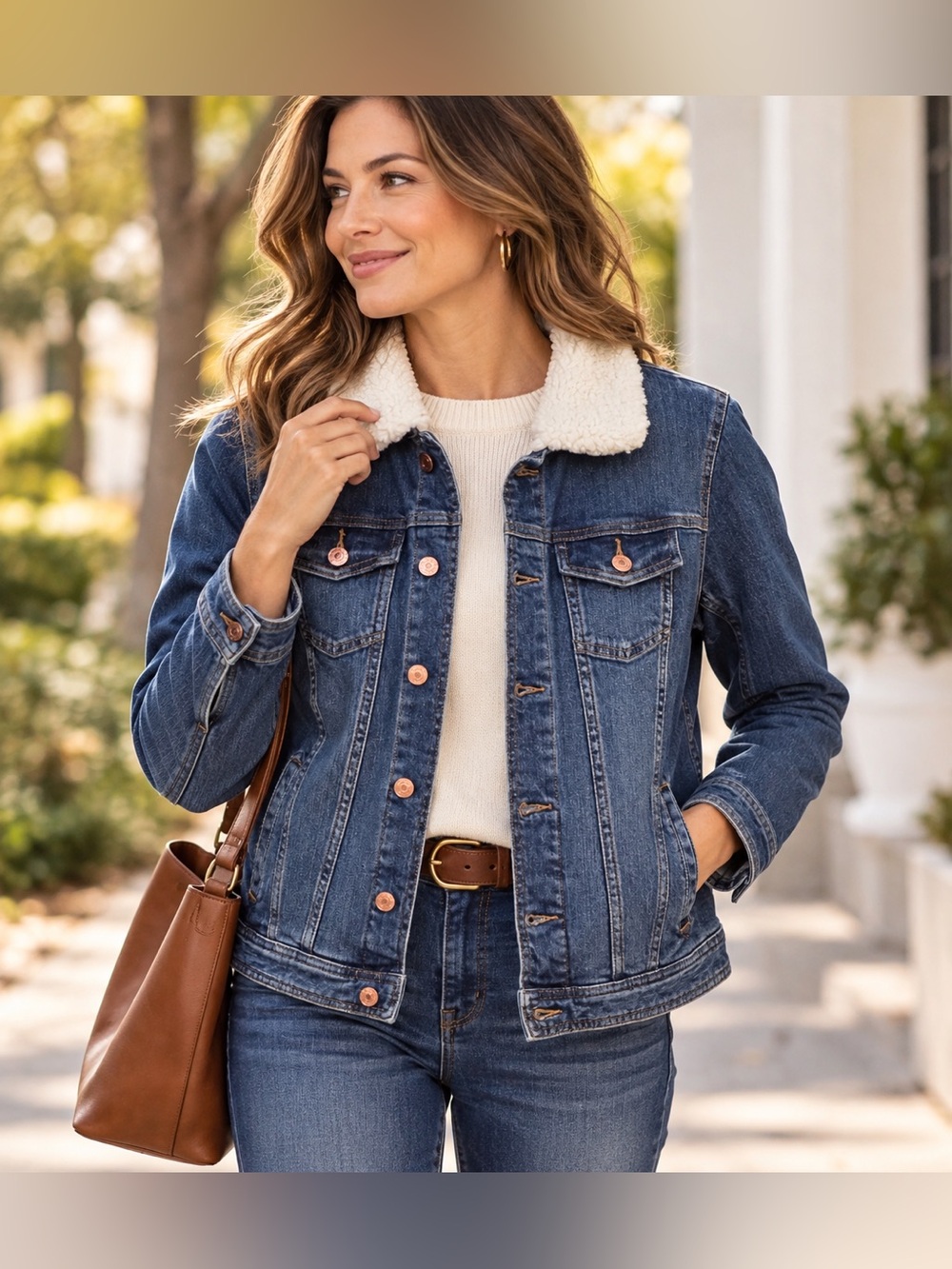 129$Talbots Petite PL Denim Trucker Jacket Removable Sherpa Collar NWT size L p